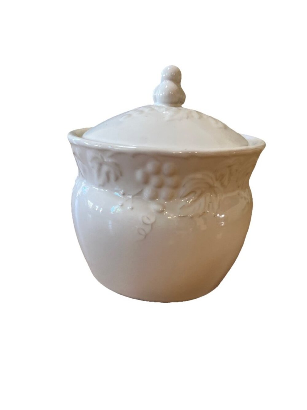 VINTAGE White Ceramic Canister Jar made In Japan fruit embossed Lidded